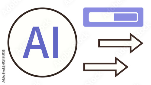 Circle with AI, two arrows conveying data flow, and a partial loading bar. Ideal for technology, software, innovation, automation, analysis progress productivity. Simple flat metaphor