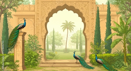 Peacocks in a Lush Garden with Ornate Archway peafowl bird stone pillar tropical plants leaves green nature wildlife exotic elegant