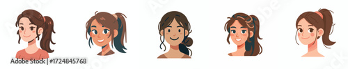 Vector Avatar of a young woman's face with ponytail, tanned skin, cheerful expression