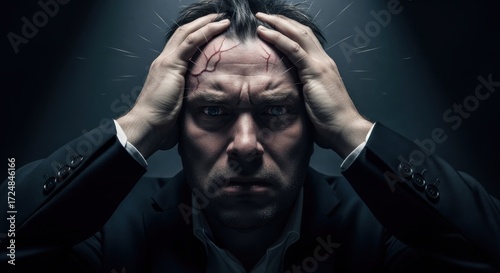 Intense portrait of a stressed businessman holding his head in despair under dramatic lighting