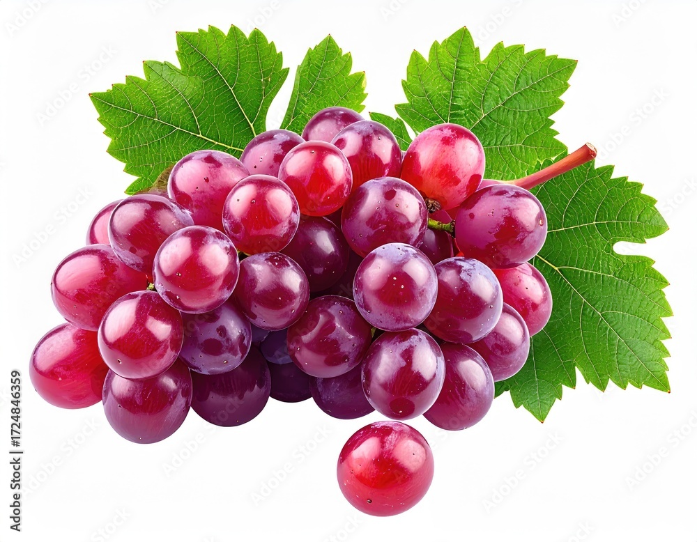 Fototapeta premium A cluster of ripe, red grapes with vibrant green leaves, glistening with moisture, isolated on a white background