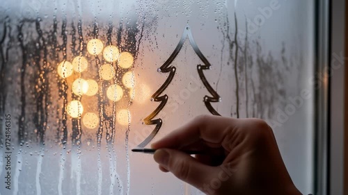 Christmas season begins. Christmas tree shape and decoration drawn by hand foggy window with warm light bokeh, festive cozy atmosphere for winter
