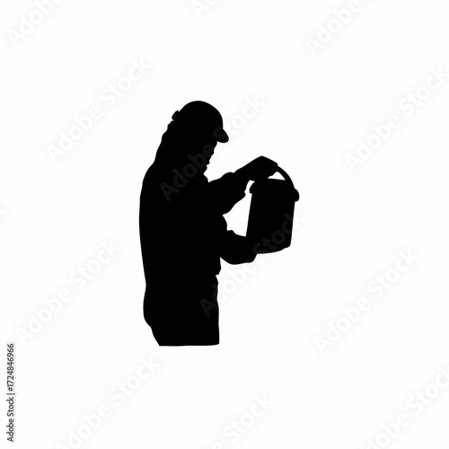 Silhouette of lab worker collecting stool sample container isolated on white background