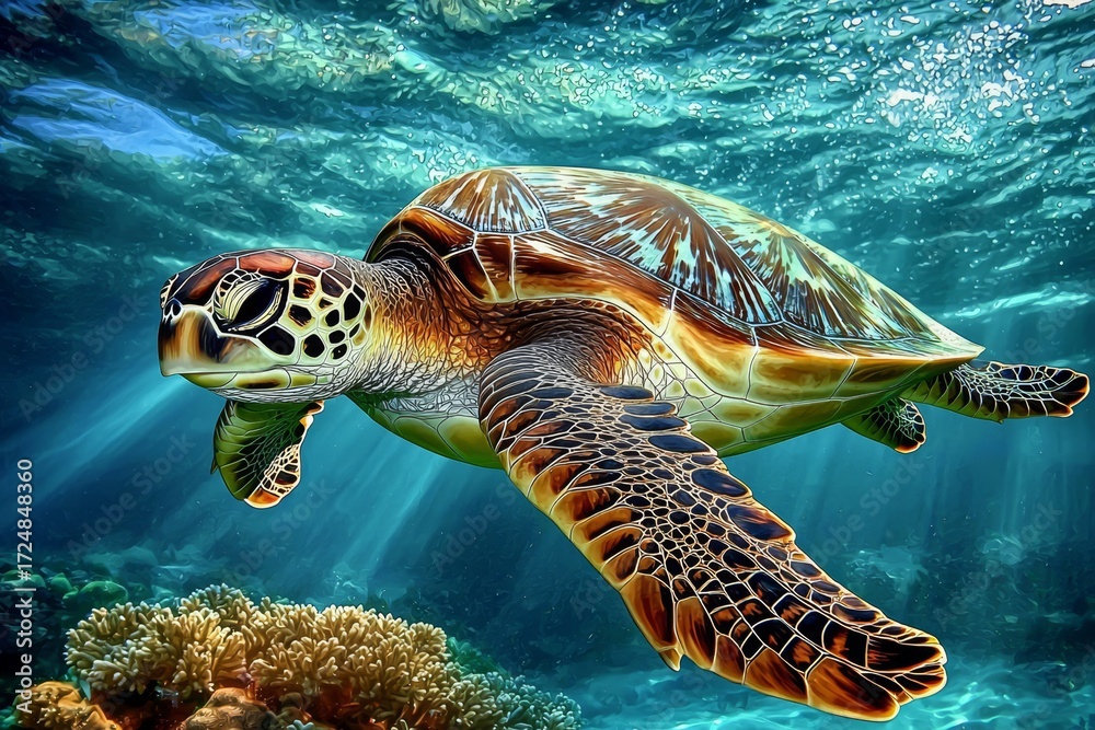 Fototapeta premium Detailed artwork of a sea turtle swimming through vibrant underwater scenery.