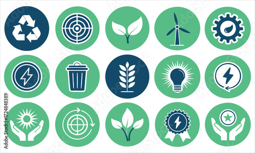 Collection of green and blue eco friendly sustainability icons in oval shapes