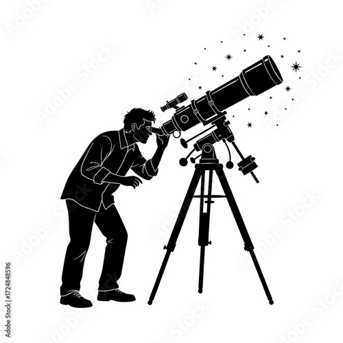 Intellectual Black Vector Silhouette Man Astrophysicist Telescope Astronomy Scientific Study