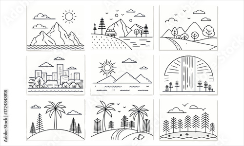 Collection of nine hand drawn minimalist landscape illustrations in black and white