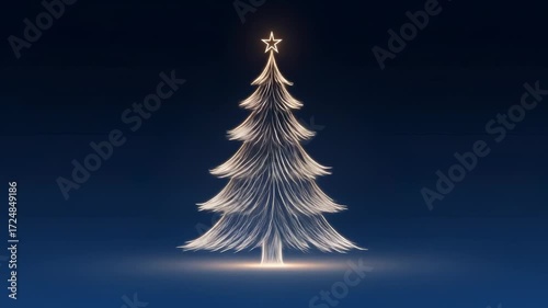 Christmas season begins. Christmas tree glowing with white light dark blue background, magical festive holiday atmosphere, elegant peaceful