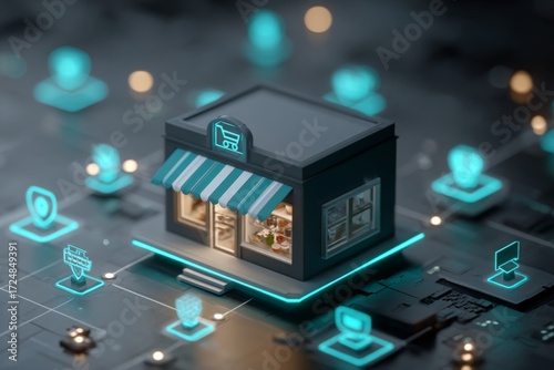 Digital storefront illustration with shopping icons and network connections, representing e-commerce and online retail systems