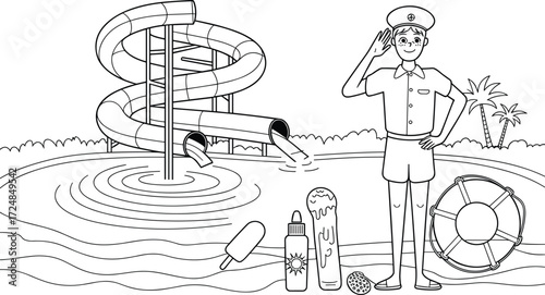 Lifeguard saluting by water slide at water park with pool toys male uniform
