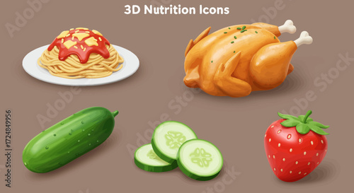 3D Nutrition Icons: Spaghetti, Chicken, Cucumber, and Strawberry.