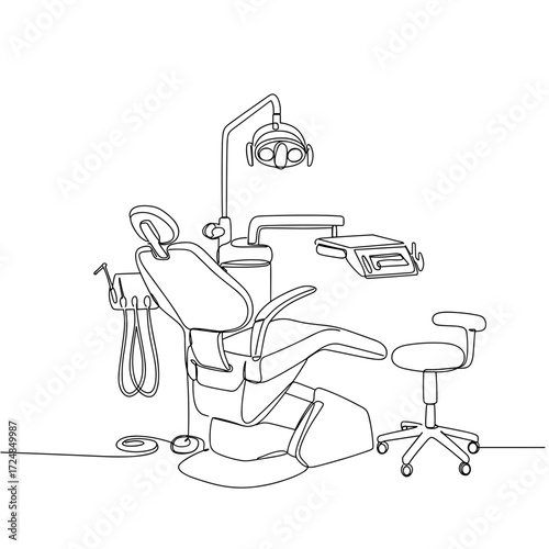 Dental chair with lamp and dental tools in minimalist line art  