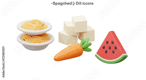 3D rendering of spaghetti, tofu, carrot, and watermelon slices on a white background.