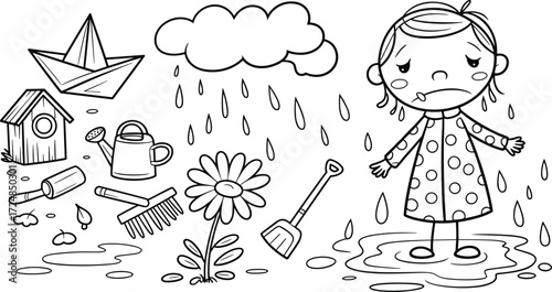 Sad girl in rain with gardening tools and a paper boat crying upset