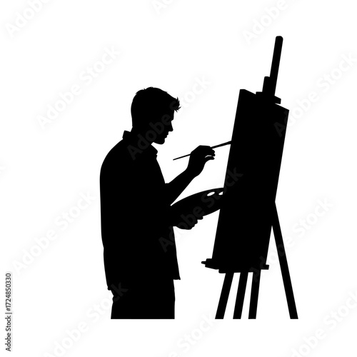 Artistic Black Vector Silhouette Man Painter with Brush Easel Creative Professional Talent