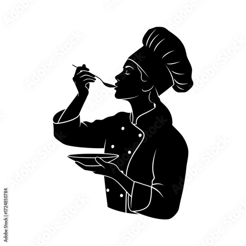 Professional Graphic Silhouette Woman Chef Tasting Food Culinary Arts Quality Control