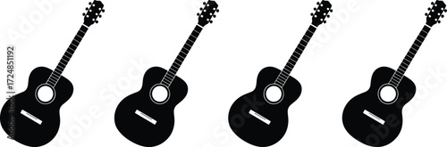 Acoustic guitar silhouette set, black vector illustration, musical instrument icons, minimal design, stringed instruments, music concept, guitar row, white background artwork