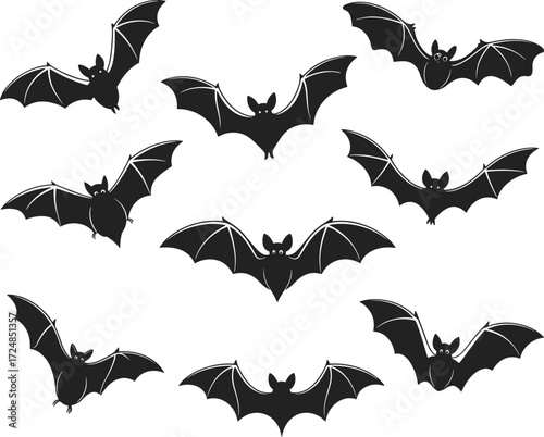 Bat silhouette icon set, cartoon-style black vector, Halloween theme, flying bats illustration, spooky design, nocturnal animal symbols, gothic artwork, white background