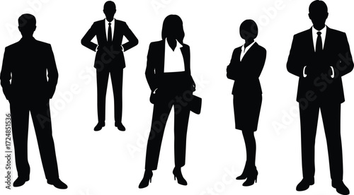 Business professionals silhouette set, diverse corporate team illustration, black vector icons, office attire, leadership poses, professional group, workplace diversity concept