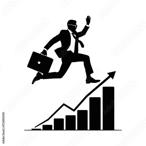 Dynamic Silhouette Visionary Entrepreneur Leaping Over Growth Bar Chart Success Finance