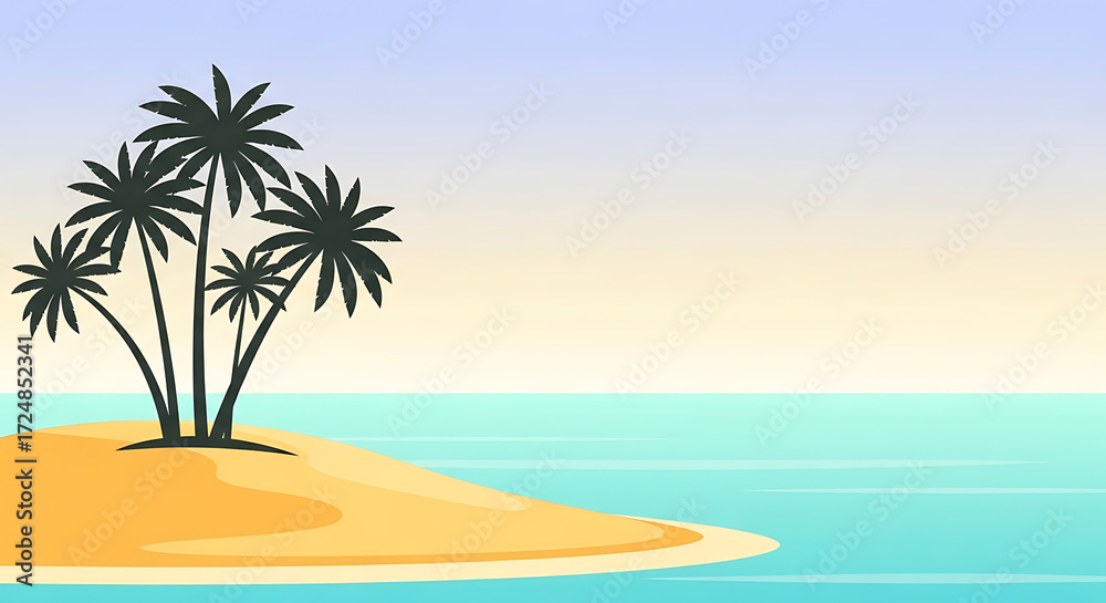 Fototapeta premium Minimal Tropical Island Landscape Illustration With Palm Trees