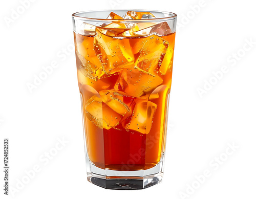 Iced tea in a tall glass, filled with ice cubes