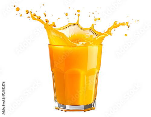 Orange juice splashing from a glass