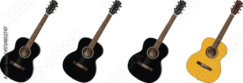 Acoustic guitar icon set, musical instrument illustrations, black and yellow design, stringed instrument vector, sound and music graphics, classic guitar elements