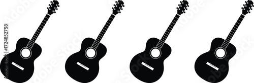 Acoustic guitar silhouette set, black vector illustration, musical instrument icons, minimal design, stringed instruments, music concept, guitar row, white background artwork
