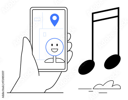 Hand holding smartphone displaying map with location pin and smiling face, large musical note nearby representing music streaming or navigation. Ideal for travel, maps, music, apps, GPS, tech, fun