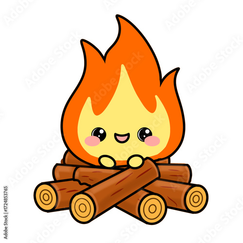 This charming kawaii campfire character, featuring a warm smile and rosy cheeks, is an inviting vector illustration perfect for conveying coziness, adventure, and the joy of outdoor activities in a cu