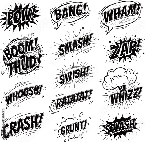 collection of hand-drawn comic book style sound effects and speech bubbles in a vintage chalkboard style