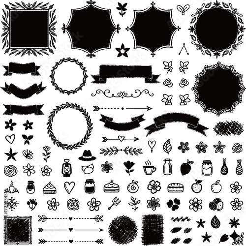 vintage-inspired, hand-drawn vector set of various rustic and natural design elements in a classic chalkboard style