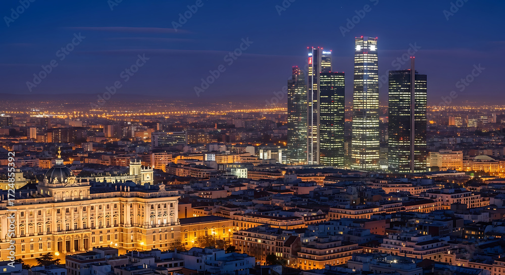 Naklejka premium Realistic Madrid Skyline Night with Royal Palace Glow