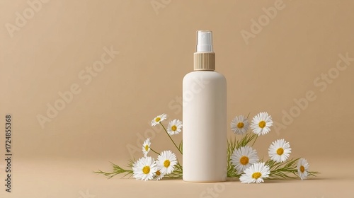 A minimalist white spray bottle with a gold cap is elegantly displayed against a soft beige background, surrounded by delicate white daisies.
