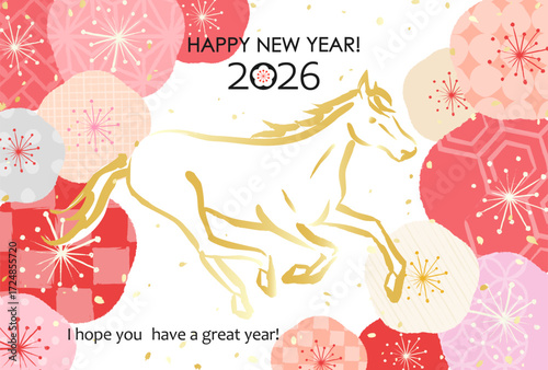 2026年　日本の年賀素材　いろいろな和柄の梅の花と馬