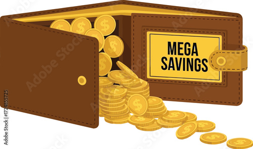 Overflowing wallet stuffed with golden coins, symbolizing financial wealth and big savings.