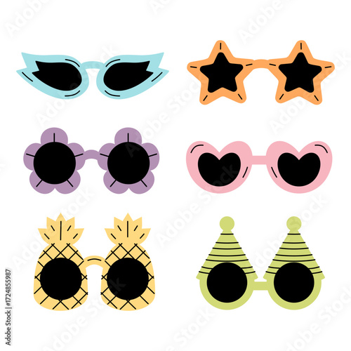 Set of eyeglasses and sunglasses collection of playful and unique party carnival design style hand drawn colorful illustration collections	