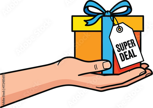 Hand holding a gift box with a "Super Deal" tag, offering a special promotion.
