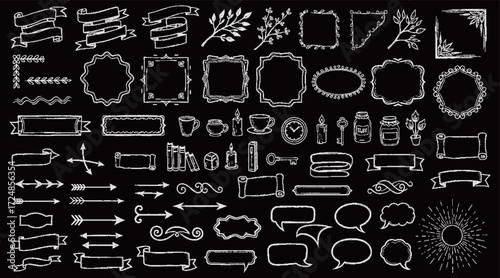comprehensive, hand-drawn vector collection of various decorative design elements in a classic chalkboard style