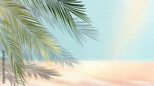 A serene tropical beach scene featuring lush palm fronds casting shadows on soft sand under a gradient sky.