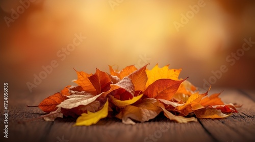 A handful of autumn leaves, with vibrant oranges, yellows, and reds, set against a soft, warm, and earthy background, with the leaves slightly curled and twisted, showcasing their natural textures and