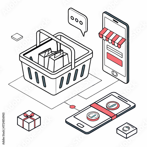 Arrangement of online shopping components including a shopping basket, a smartphone, payment icons, and delivered packages. Online ordering of food and parcel delivery. Modern isometric line art