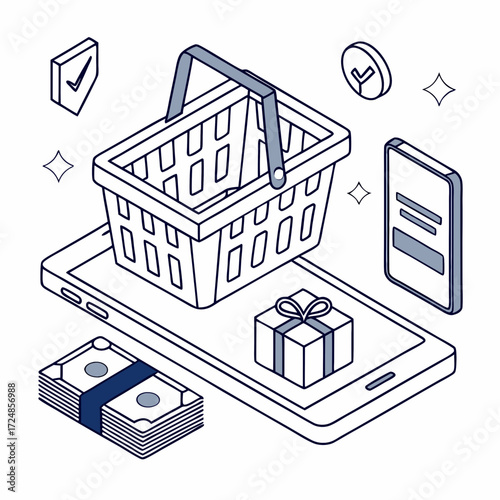 Arrangement of online shopping components including a shopping basket, a smartphone, payment icons, and delivered packages. Online ordering of food and parcel delivery. Modern isometric line art