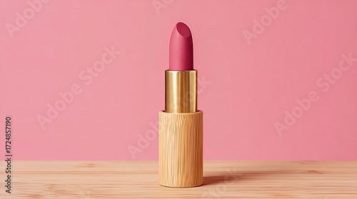 A vibrant pink lipstick with a bamboo case stands elegantly against a soft pink backdrop, showcasing a minimalist and modern aesthetic.