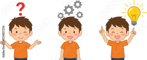 Cartoon boy confused with question mark, child thinking gears, student brainstorming process, kid learning education, problem solving concept, creative idea light bulb