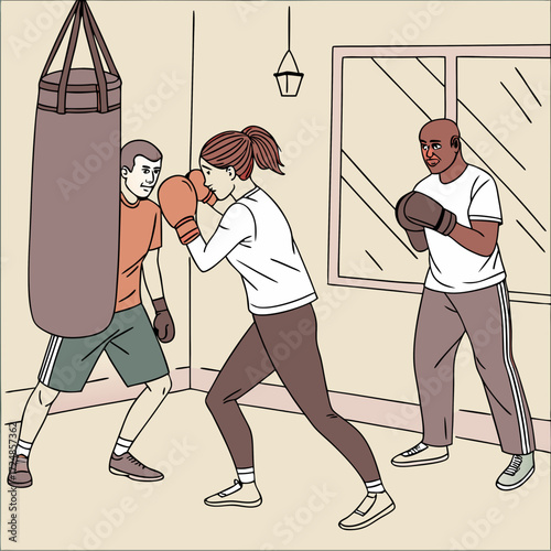 Set of people punching box, fighting sparring partner and hitting boxing bows in trainer hands