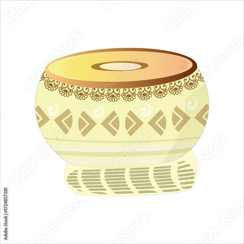 Nagada or nagara is a traditional Indian percussion instrument, specifically a large kettle drum made of wood or metal with a leather head. Vector, illustration.