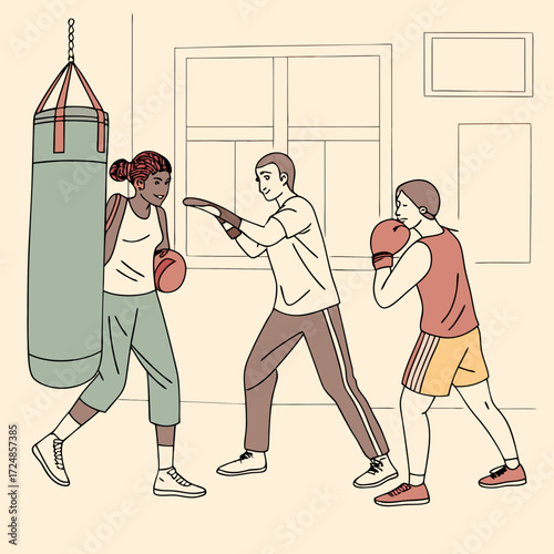 Set of people punching box, fighting sparring partner and hitting boxing bows in trainer hands