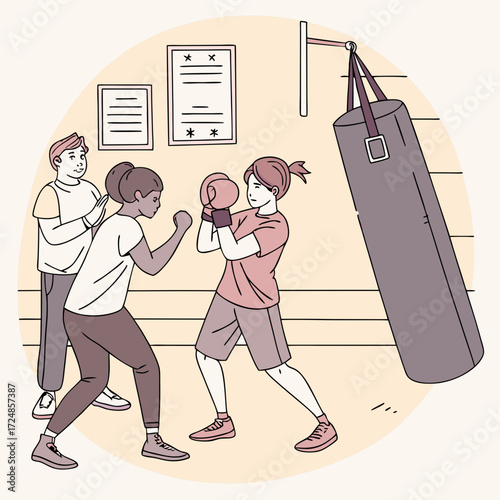 Set of people punching box, fighting sparring partner and hitting boxing bows in trainer hands